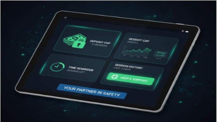 A graphical illustration of a tablet screen displaying responsible gaming support features like deposit caps, time reminders, session history, and help links, symbolizing the platform as a partner in safer playing.